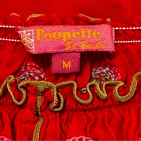 Poupette St Barth Off The Shoulder embroidered whimsical daisy flower M Red - Picture 13 of 16